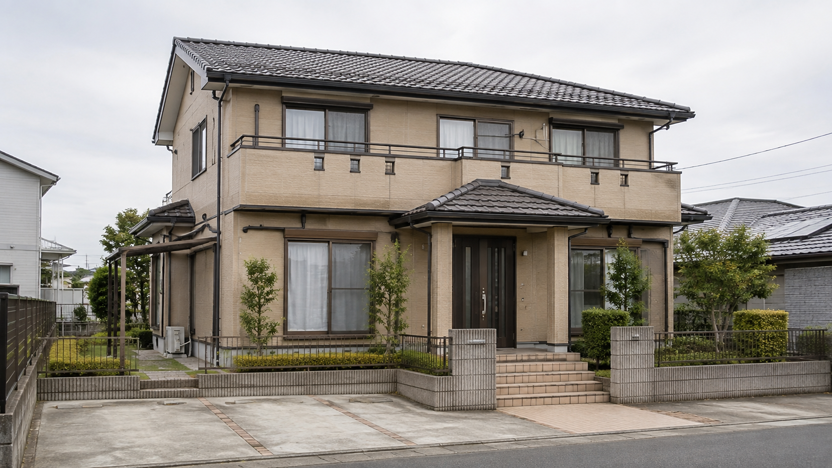 築25年ほどの2階建て戸建て住宅を正面から見た写真。屋根・外壁・ベランダ・雨樋・玄関まわり・外構が写っている