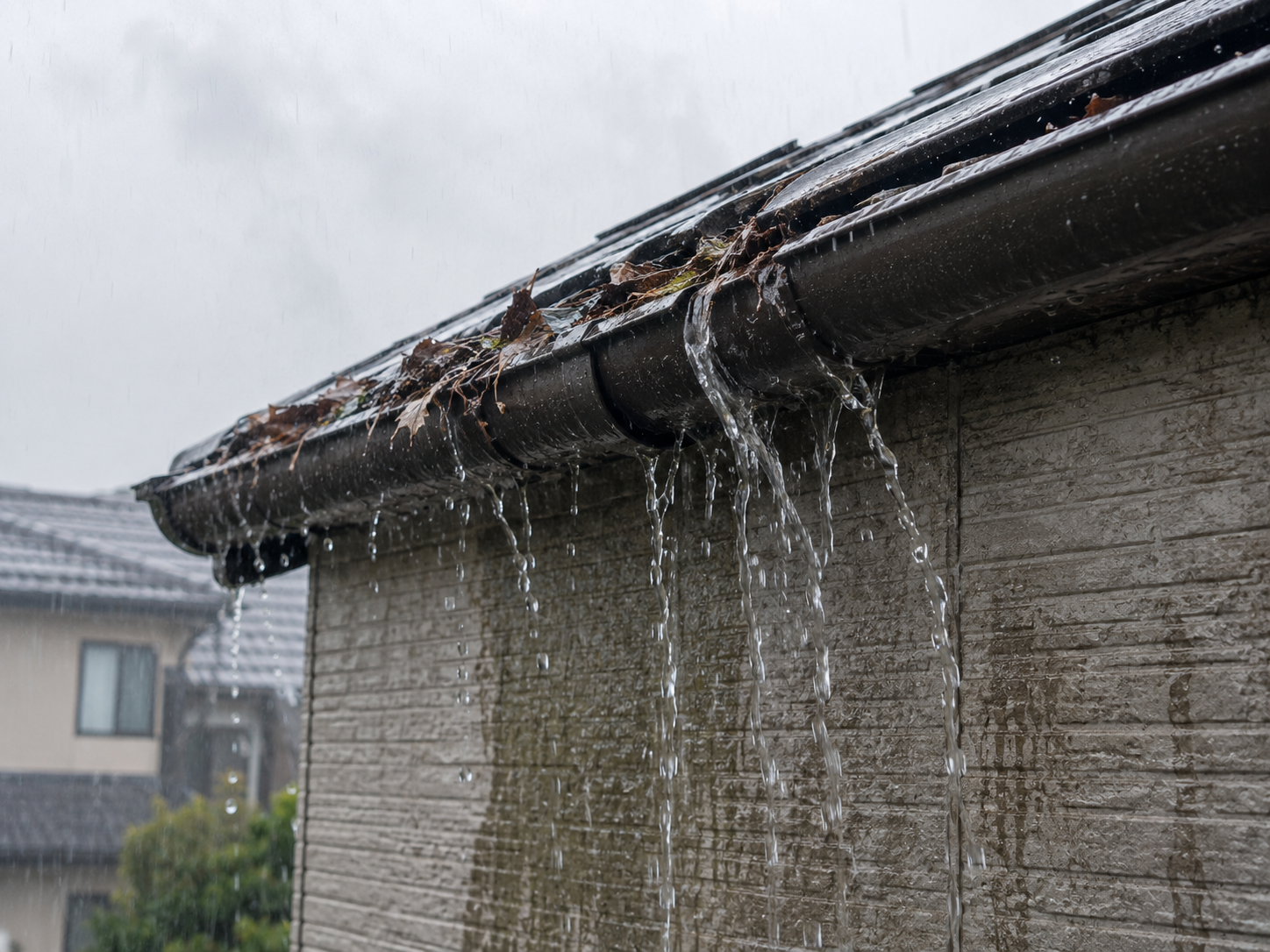 落ち葉が詰まった雨樋から、雨水が縁を越えてあふれ落ちている軒先