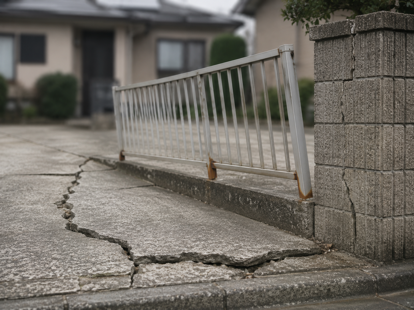 駐車場の土間に大きなひび割れが走り、脇のフェンスが傾いて支柱が錆びている状態
