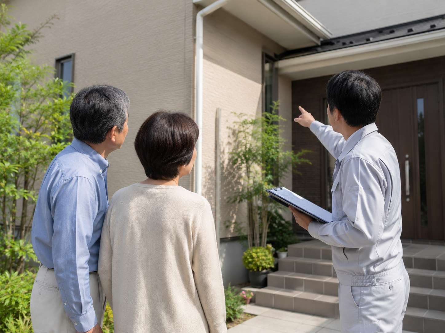 玄関先で住まいの方に工事の内容を説明する担当者